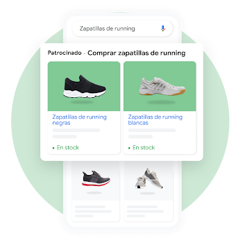 Interfaz de usuario que muestra cómo un usuario busca calzado para correr en Google Shopping, con una ventana emergente donde se destacan los resultados patrocinados.