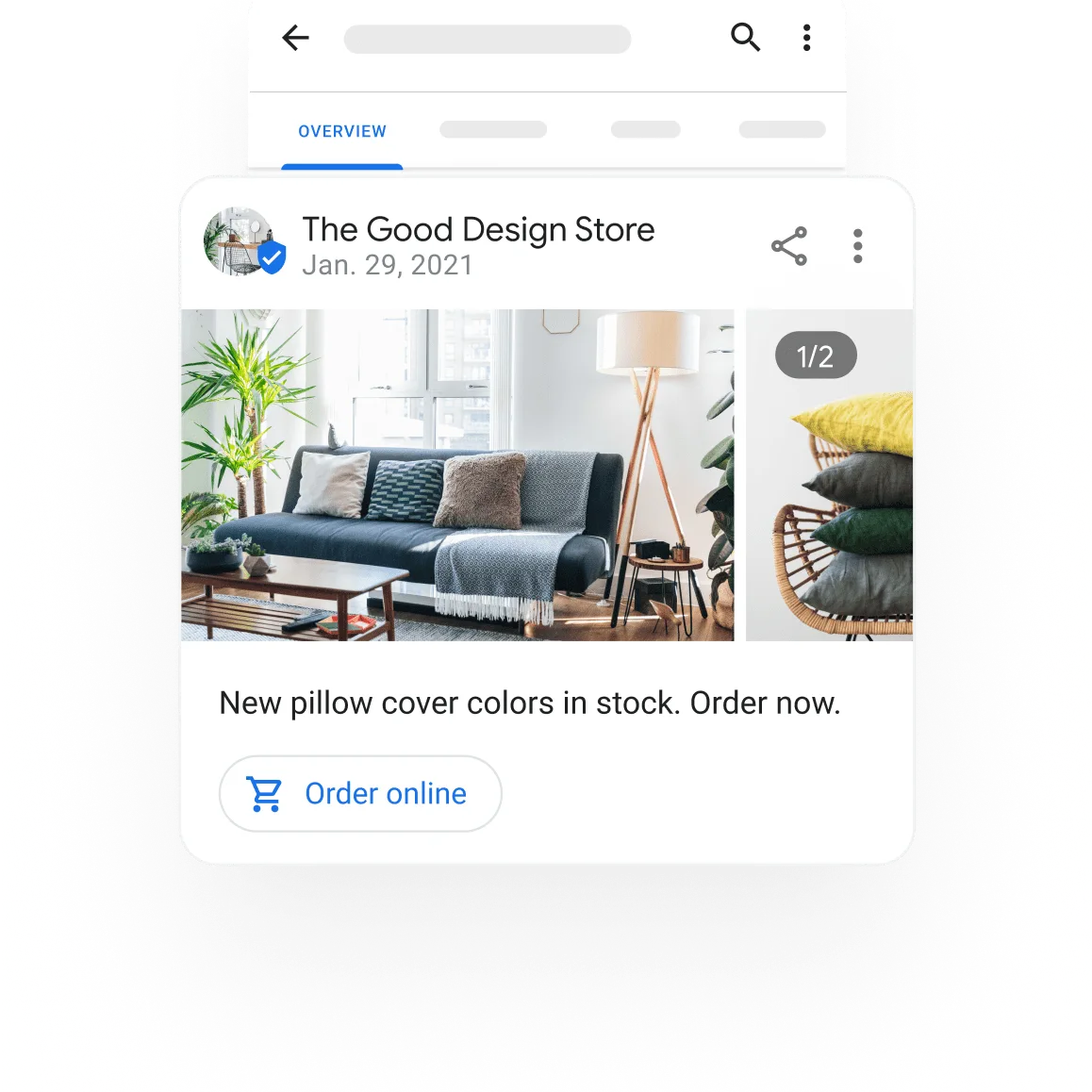 Image of a Business Profile showing a post promoting a special offers, events, and updates. On the post, image of pillows on a living room and on a chair. post text: New pillow cover colors in stock.
Order now.