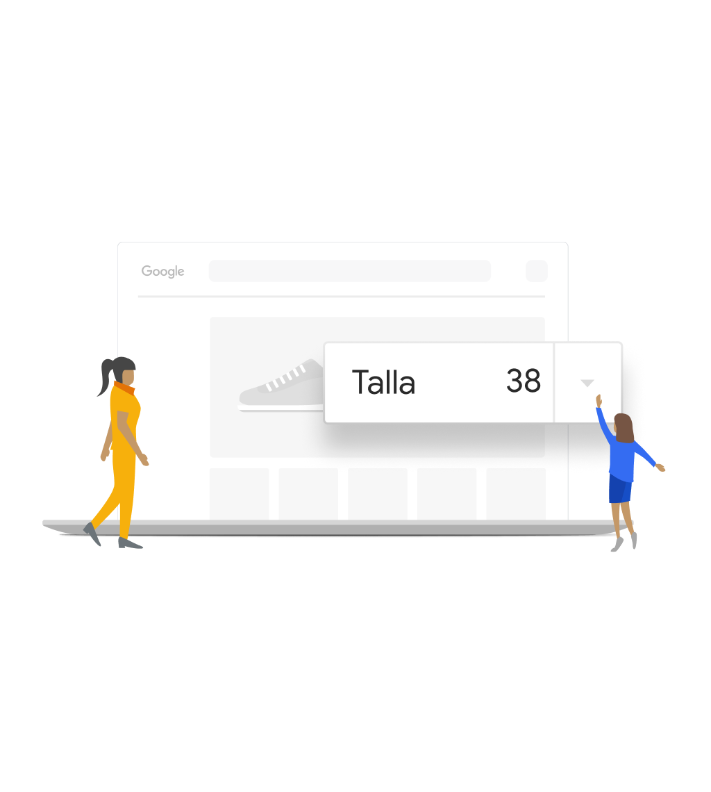 Dos personas ilustradas trabajan en conjunto para seleccionar el tamaño de un calzado para correr en una laptop que muestra la interfaz de usuario de Google Manufacturer Center.