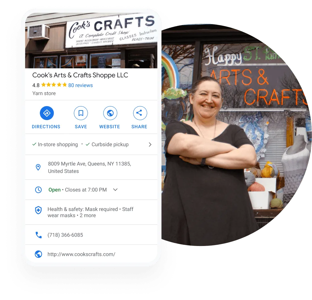 Image of a retail Business Profile on mobile view showing the business name a photo, address, open-close hours, health & safety recommendations, phone number and Website URL.