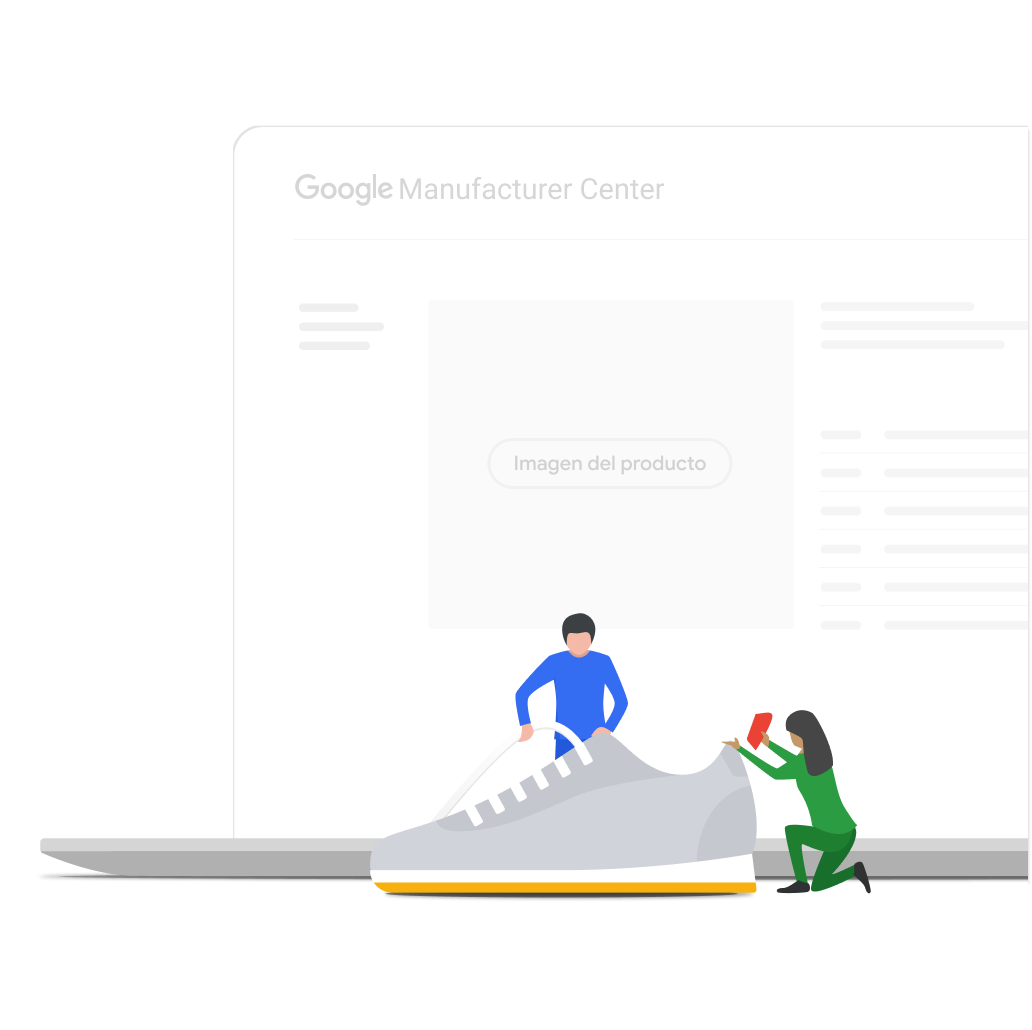 Dos personas ilustradas trabajan en conjunto para diseñar y crear un calzado; detrás, hay una laptop que muestra la interfaz de usuario de Google Manufacturer Center.